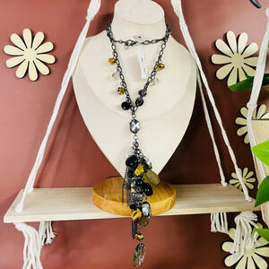 Style &‎ Co Statement Necklace Black Gold Beaded Extra Long Statement NWT